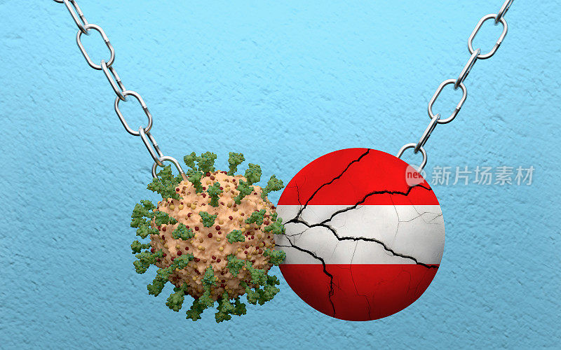 奥地利国旗被冠状病毒Covid-19破坏球摧毁