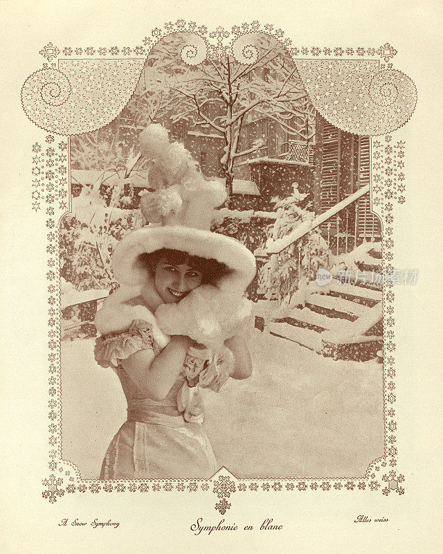年轻女子在雪中嬉戏，雪交响乐，维多利亚蒙太奇19世纪