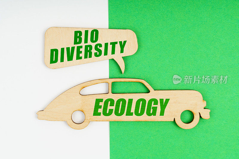 在白色和绿色的背景上，一个木制的汽车形象-生态和一个写着“生物多样性”的标志