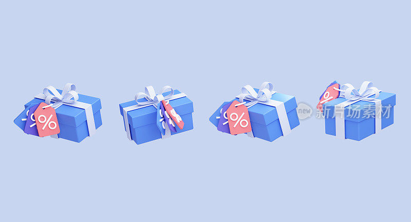蓝色的礼盒上有丝带和打折券。一套卡通风格的节日礼物。节日礼物的惊喜。独立的盒子为模板横幅。三维渲染