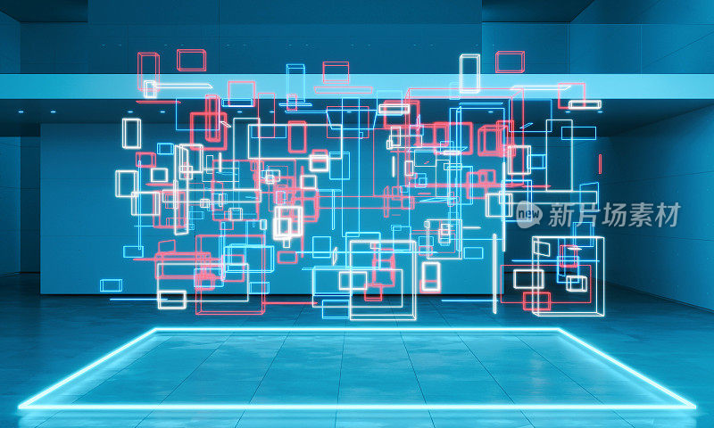 抽象背景与现代建筑和数字元素发光在中央舞台上