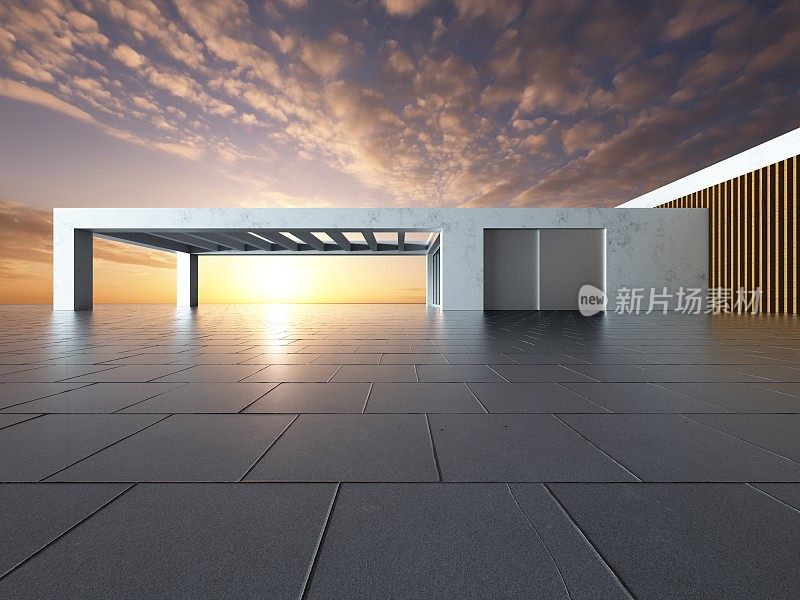 3d渲染未来主义建筑背景与空混凝土地板，汽车呈现。