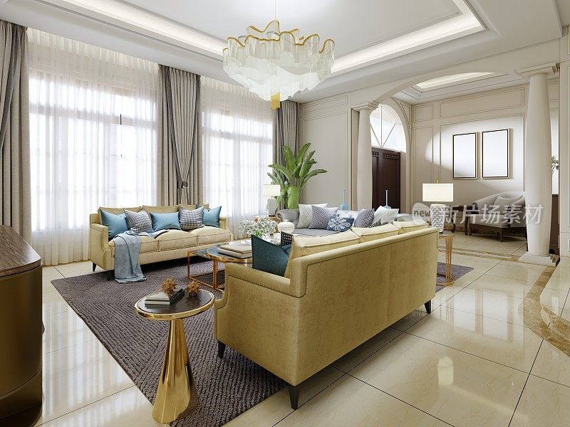 美丽的室内米色调与黄色软垫家具和金色的边桌装饰。