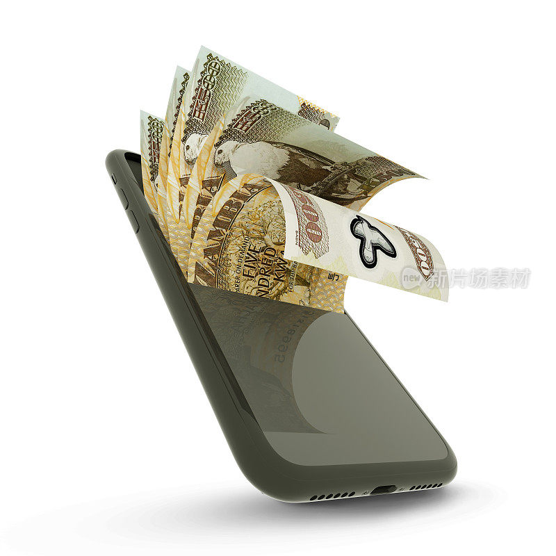 手机内赞比亚克瓦查纸币的3D渲染图。钱从手机里出来