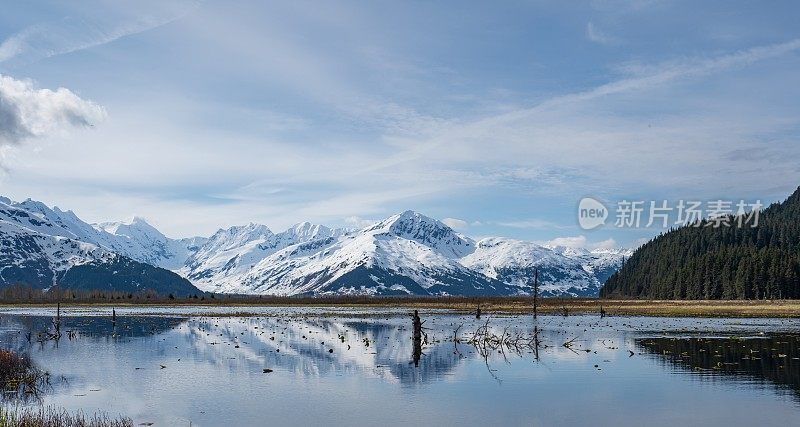 美国阿拉斯加州楚加奇州立公园冰川湖上雪山的美丽倒影