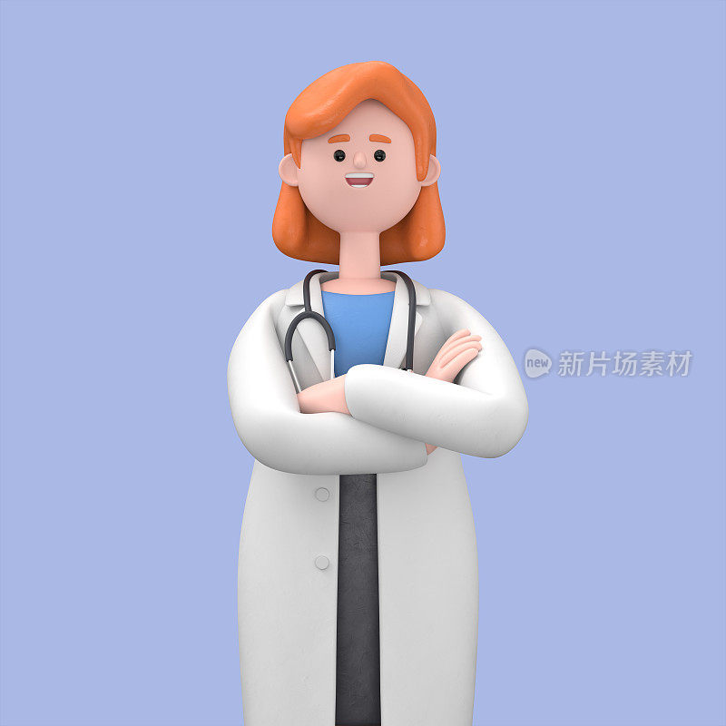 女博士诺瓦的特写肖像，双臂交叉。在蓝色背景上隔离的医学演示剪贴画