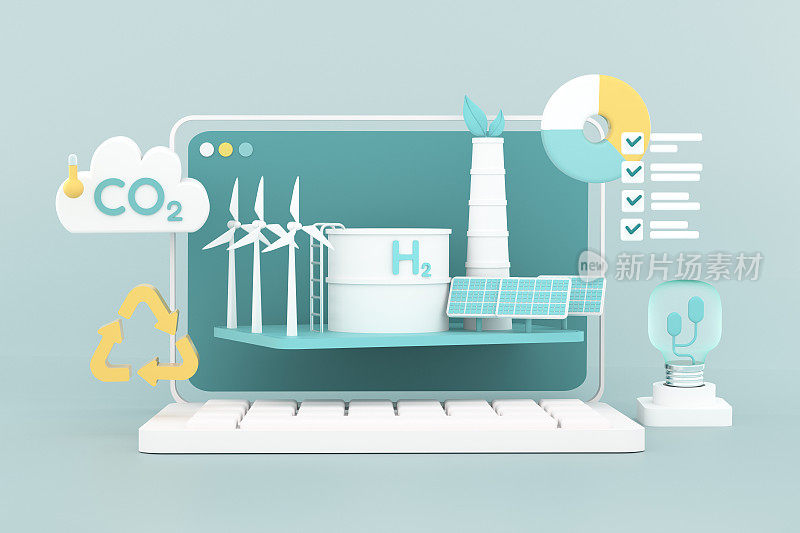 可再生能源的概念是生态能源、经济能源。可持续发展的新技术，太阳能、水力发电站、风能。3d渲染插图。