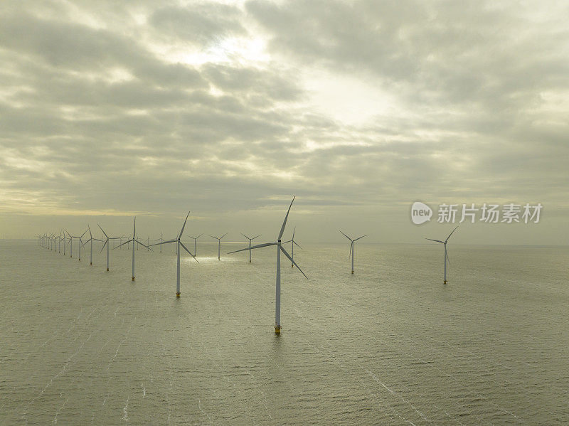 在荷兰弗莱福兰的一个海上风力发电园内，风力涡轮机产生可持续的可再生能源。无人机的视角。