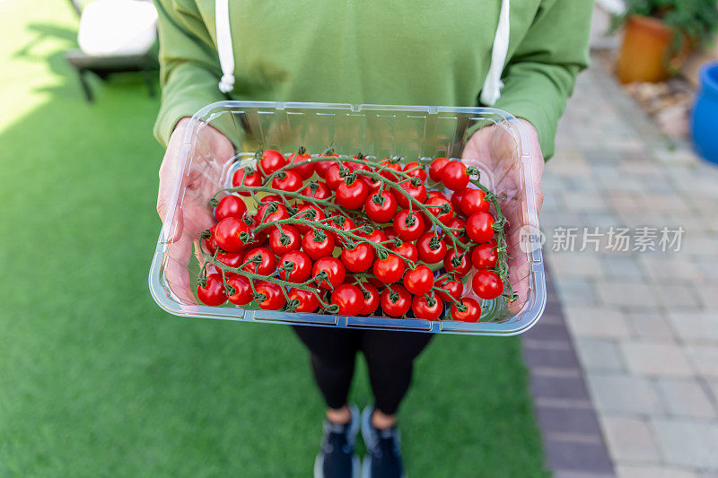 一个女人拿着一个装着西红柿的塑料容器