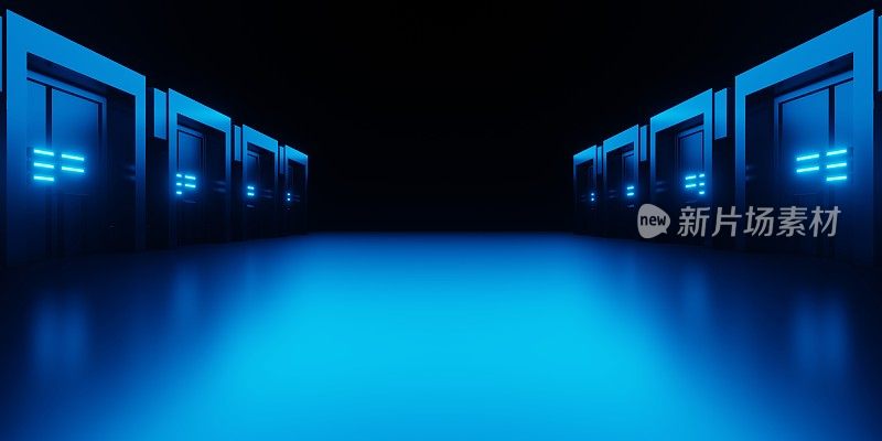 飞船走廊走廊背景中蓝色服务器室的3d渲染。广告、陈列室、科技、未来、现代、运动、游戏、虚拟世界场景。科幻插画。产品显示
