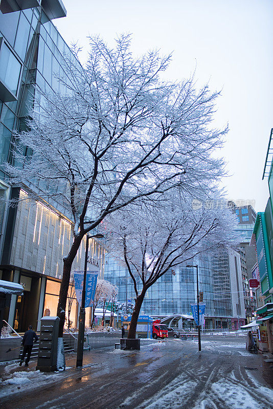 首尔明洞街的下雪天