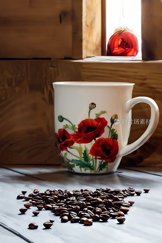 一个漂亮的手绘杯子，上面有一朵红玫瑰和洒出来的咖啡
