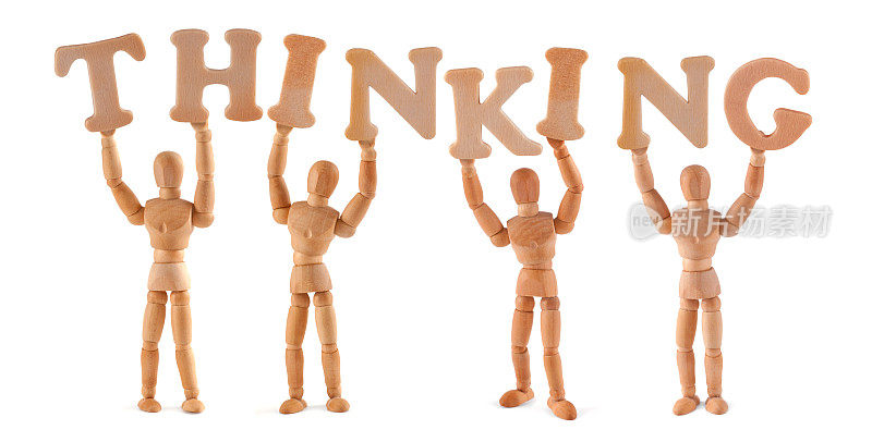 思考-木制人体模型拿着这个词
