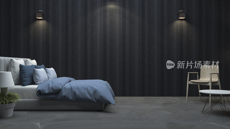 3d渲染黑色木墙卧室与漂亮的光