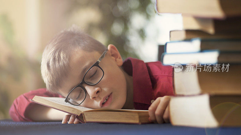 可爱的少年睡在书上