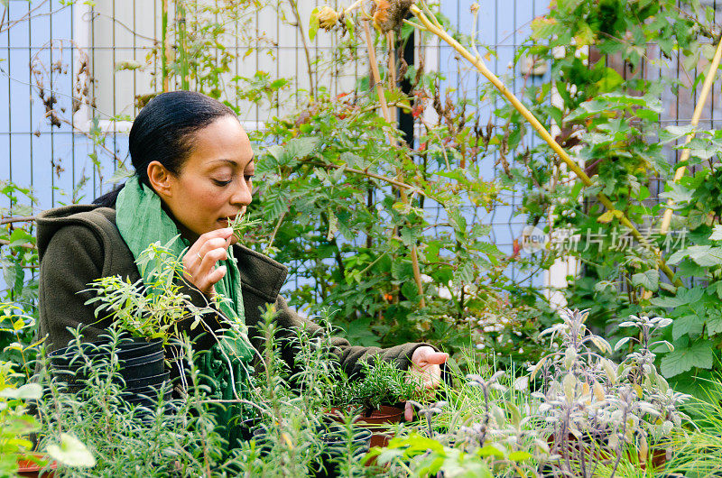 女人在城市花园里闻植物