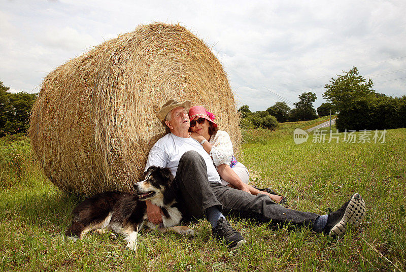 成熟的多种族夫妇和狗在干草堆上放松