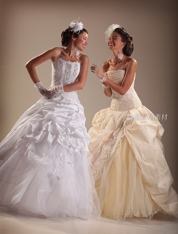 两个复古风格的新娘在奢华的婚纱肖像。