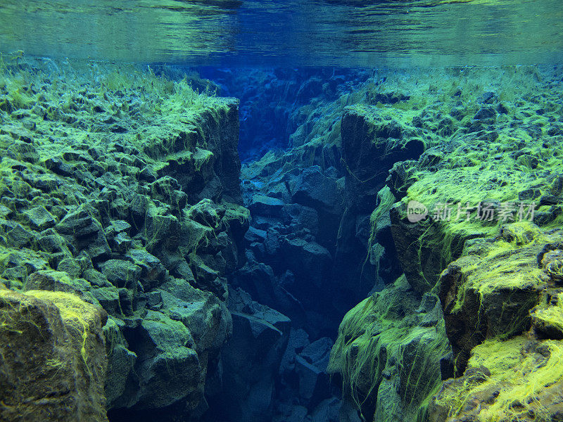 在平维利尔国家公园3浅层的西尔弗拉大陆分裂中覆盖着绿色地毯藻类的岩石沟的视图