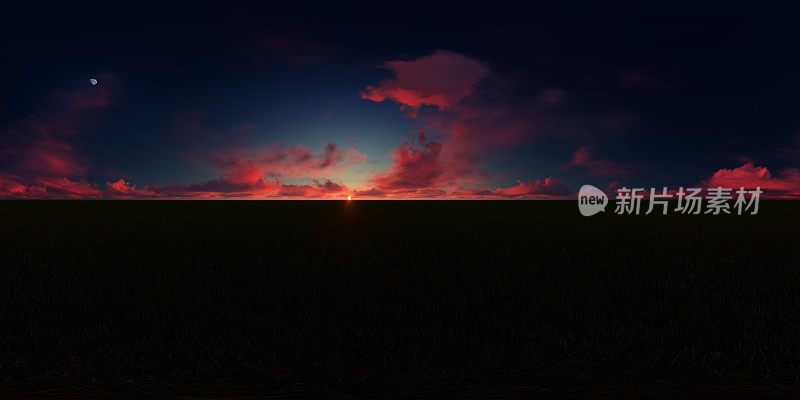 360°全景，一个暗红色的日落天空在草地上