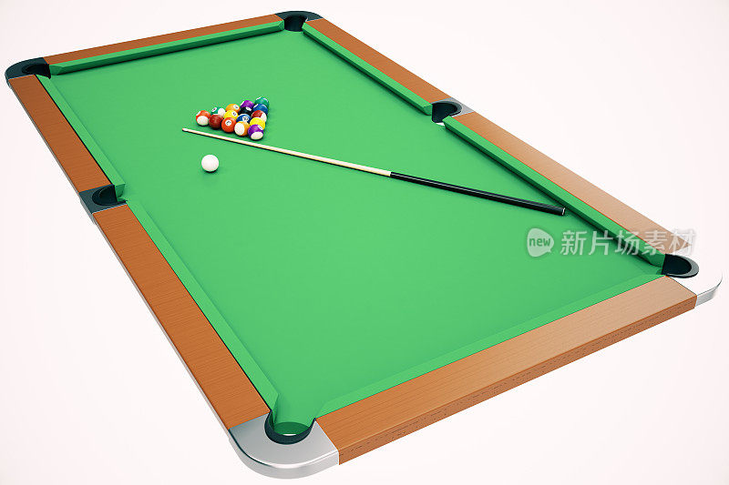 3D插图台球球在绿色台球桌，台球游戏，台球概念