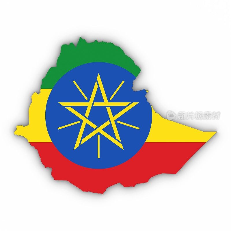 埃塞俄比亚地图轮廓与埃塞俄比亚国旗在白色与阴影3D插图