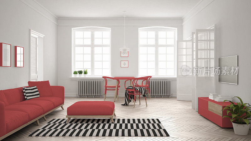 明亮的极简主义客厅，沙发和餐桌，斯堪的纳维亚白色和红色的室内设计