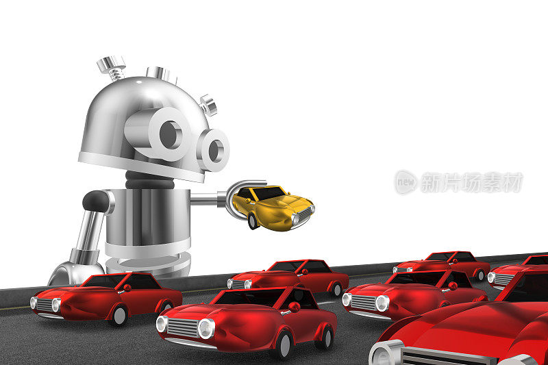 一个机器人拿着一辆黄色的车在红色的车中间。