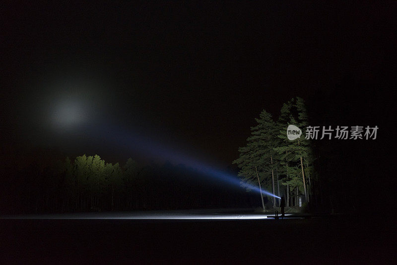 晚上站在户外的人用手电筒照亮天空和森林里的树木