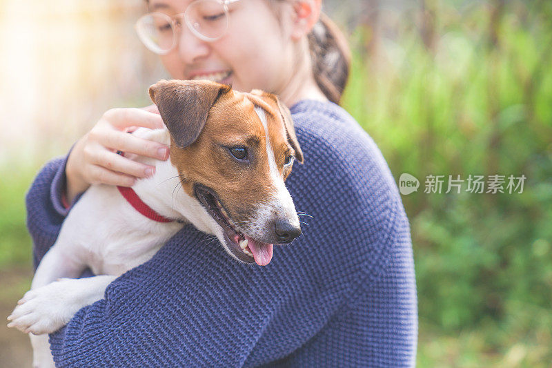 亚洲家庭十几岁的女孩玩好玩的她的宠物杰克罗素梗狗在花园在夏天的早晨