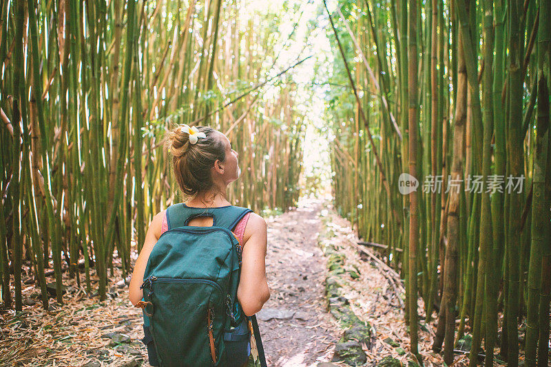 年轻女子在竹林中漫步，探索大自然