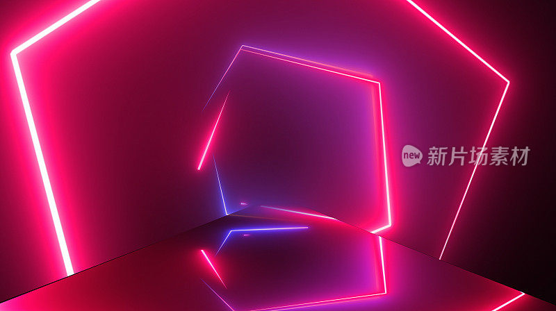 发光的霓虹灯隧道。抽象的无缝的背景。荧光紫外线。六边形的形状