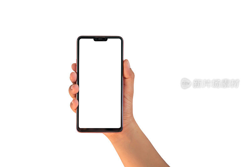 手握白色屏幕，手机是孤立的白色背景与剪切路径。