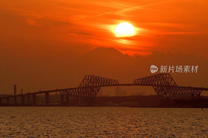 日落在富士山，东京门大桥和东京湾:从mai滨-千叶，千叶