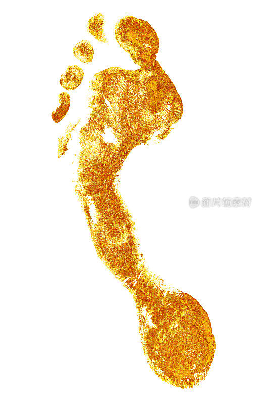 金色的人赤脚的脚印在白色的背景孤立近距离，金光闪闪的金色金属人脚印插图，黄色的脚步剪影，光脚形状的印章，印记，标志，符号