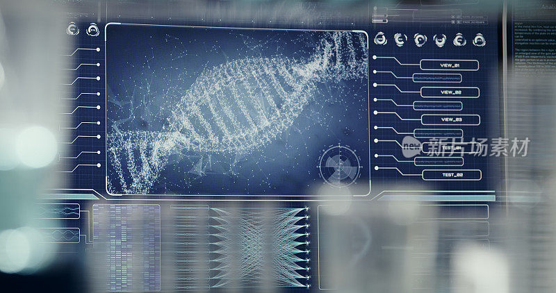 未来的实验室设备。科学家在DNA研究期间的后视图。DNA螺旋模型