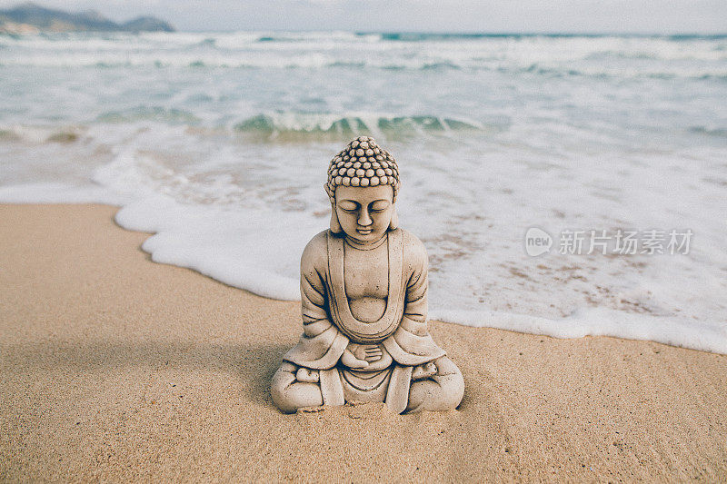 大佛石像坐在海边，前面是略带波涛的海水
