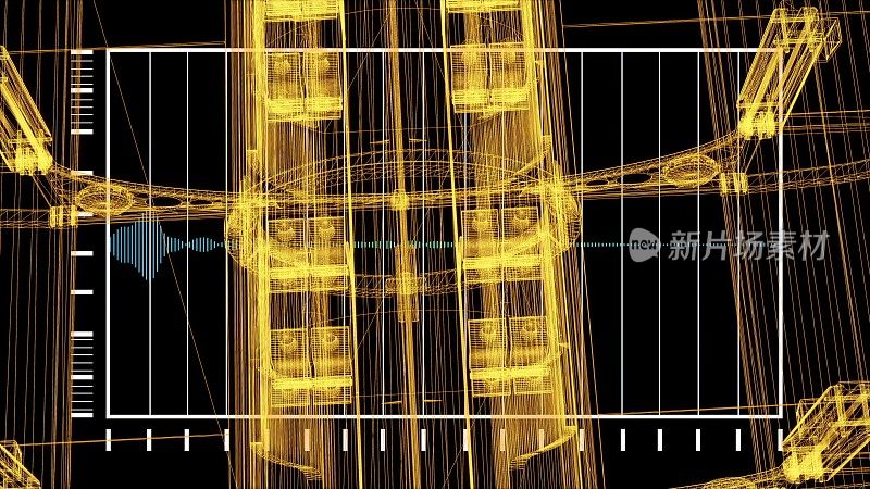 三维渲染-线框架模型的工业建筑和HUD元素在全息风格