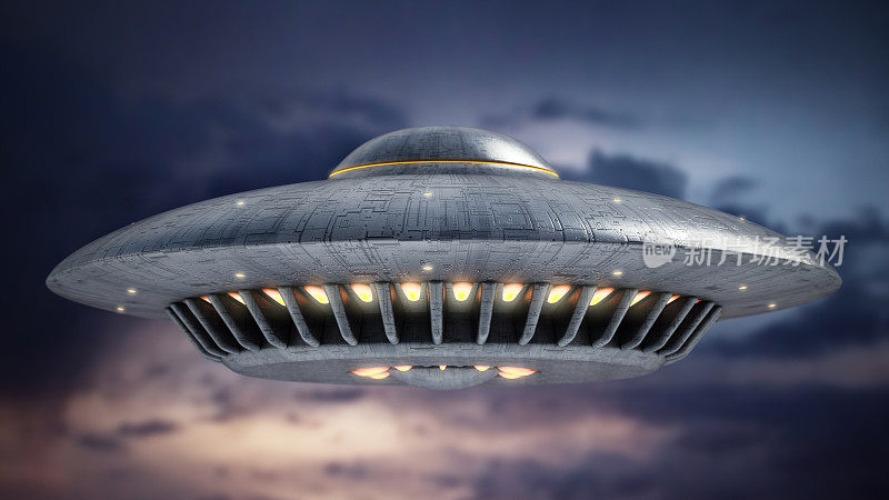 复古UFO盘旋在天空的3D插图