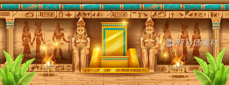 埃及神庙背景，矢量古法老金字塔墙，金王座，神像壁画剪影。