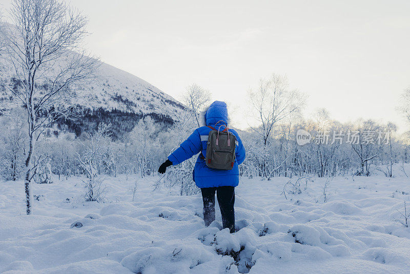 一名女子在挪威森林中凝视着冰冻的冬日仙境