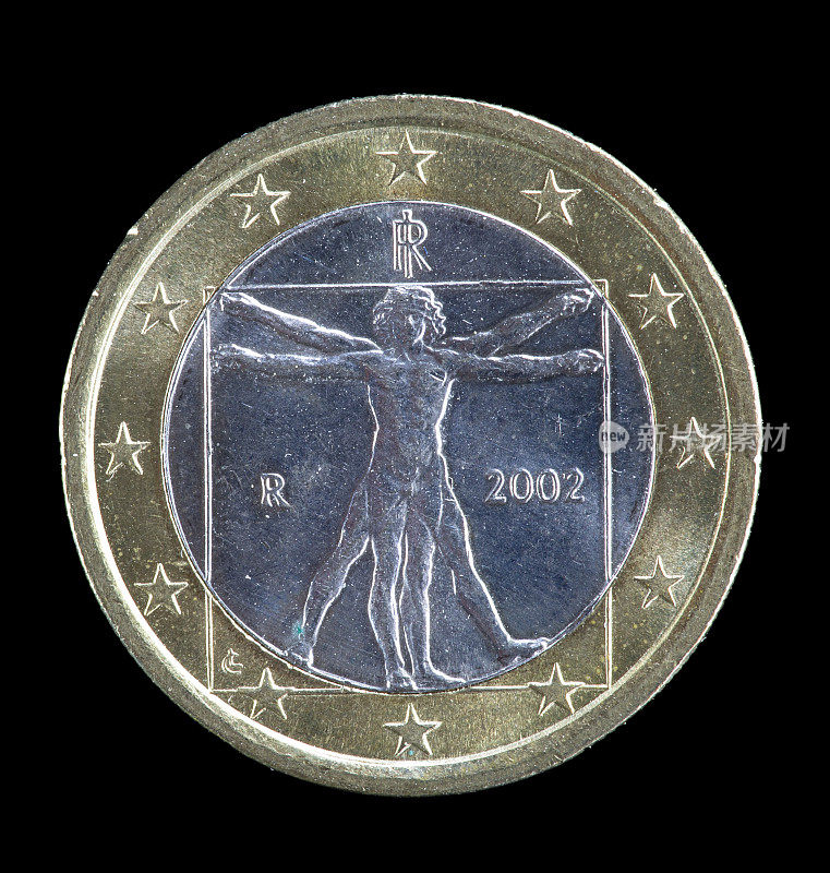 维特鲁威人出现在2002年一欧元二色硬币上。
