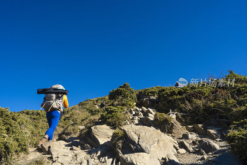 徒步旅行者独自走在山顶上。