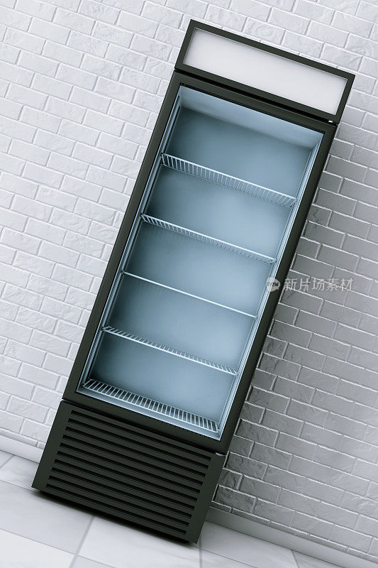 冰箱饮料与玻璃门。3d渲染