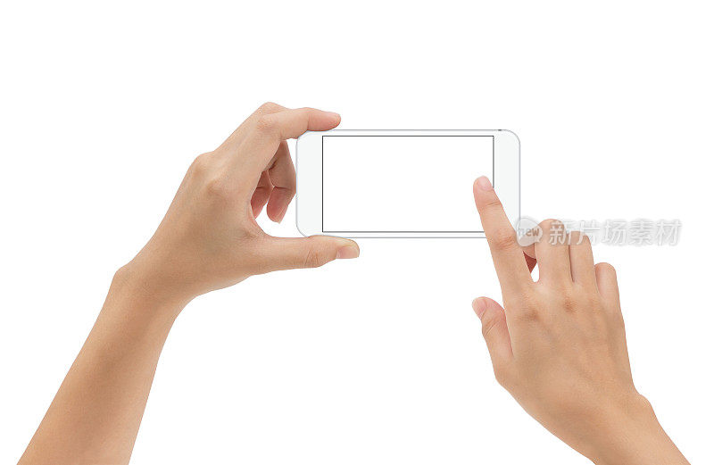 特写手握智能手机手机和手元素触摸屏上隔离的白色剪辑路径内