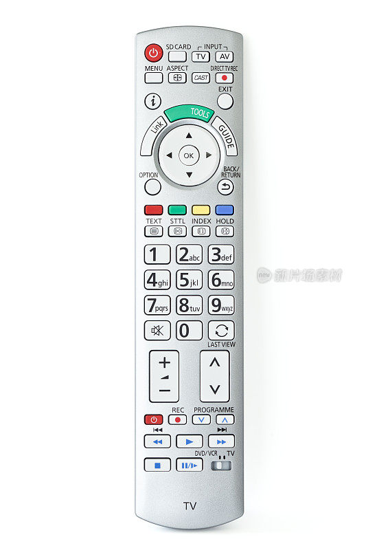 电视遥控器(剪辑路径)，孤立在白色背景上