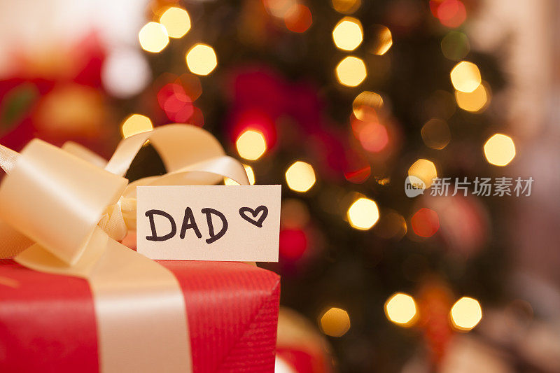 圣诞节:给爸爸的节日礼物。背景中点亮的树。