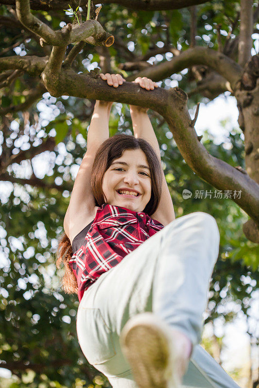 少女紧紧地抱在树枝上