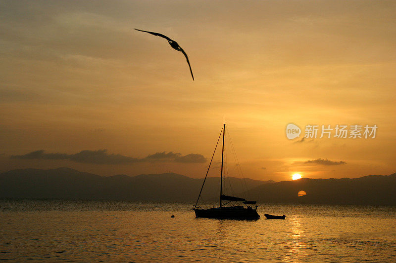 日落时分的加勒比帆船和海鸥