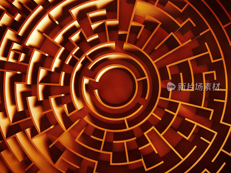 巨大的圆形迷宫结构(橙色照明的3d插图)
